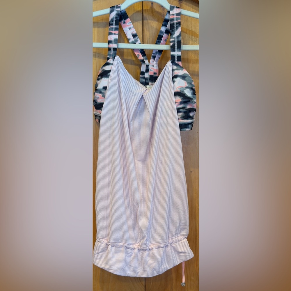 lululemon athletica Pink Stripe Tank with Camouflage Sports Bra Back